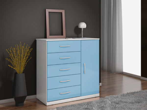 Cômoda 5 gavetas 1 porta Ref.: 012 - Branco/Azul