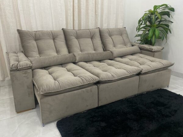 Sofá Retrátil Reclinável Atenas 2.70m - Bege Escuro Veludo